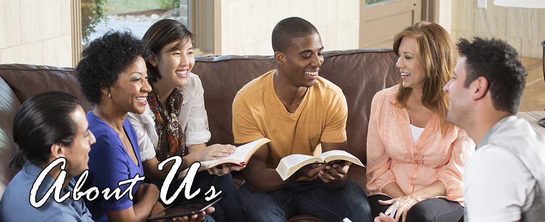 Photo of smiling friends at Bible study with caption About Us